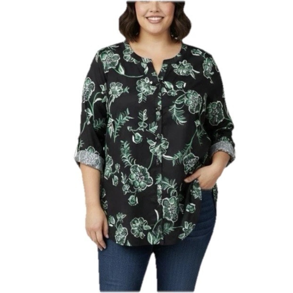 Catherines‎ Black Green Floral Button Up 3/4 Sleeve Y Neck Blouse Size 4X